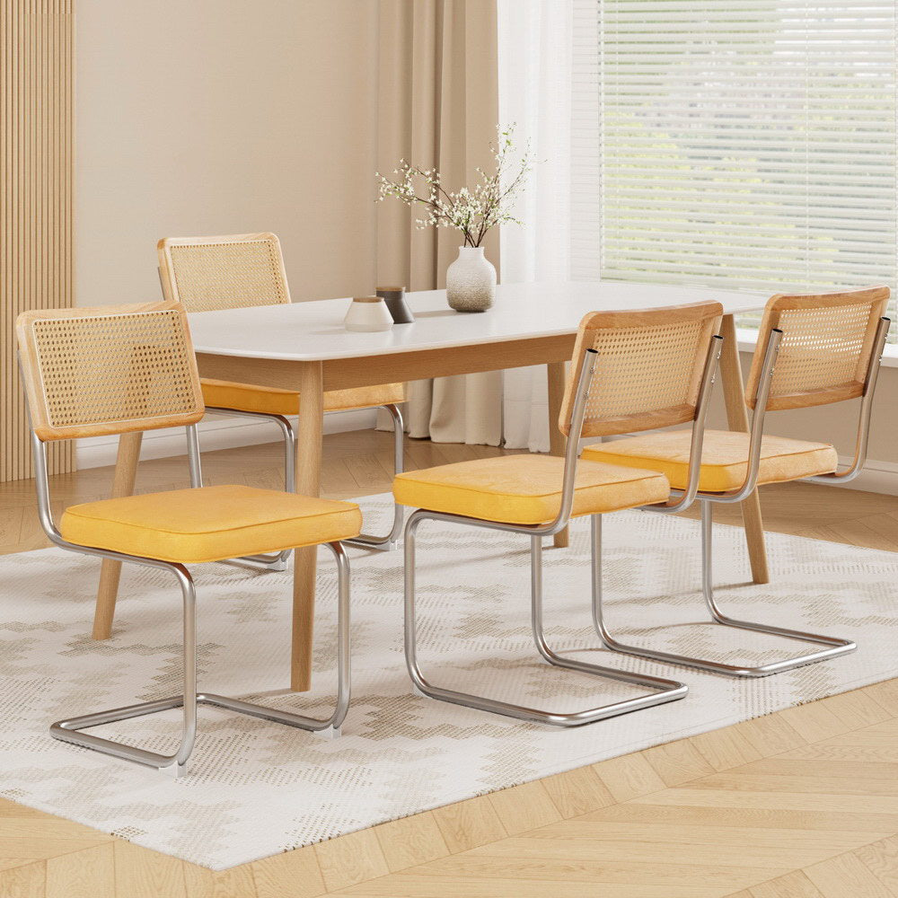 Artiss Dining Chairs Set of 4 Velvet Rattan Cantilever Yellow