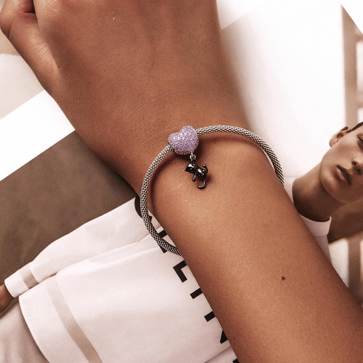 925 Sterling Silver Heart Cat Pendant For Diy Bracelets & Necklaces