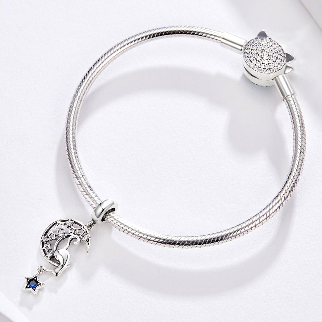 925 Sterling Silver Moon Cat Pendant For Bracelet Or Necklace