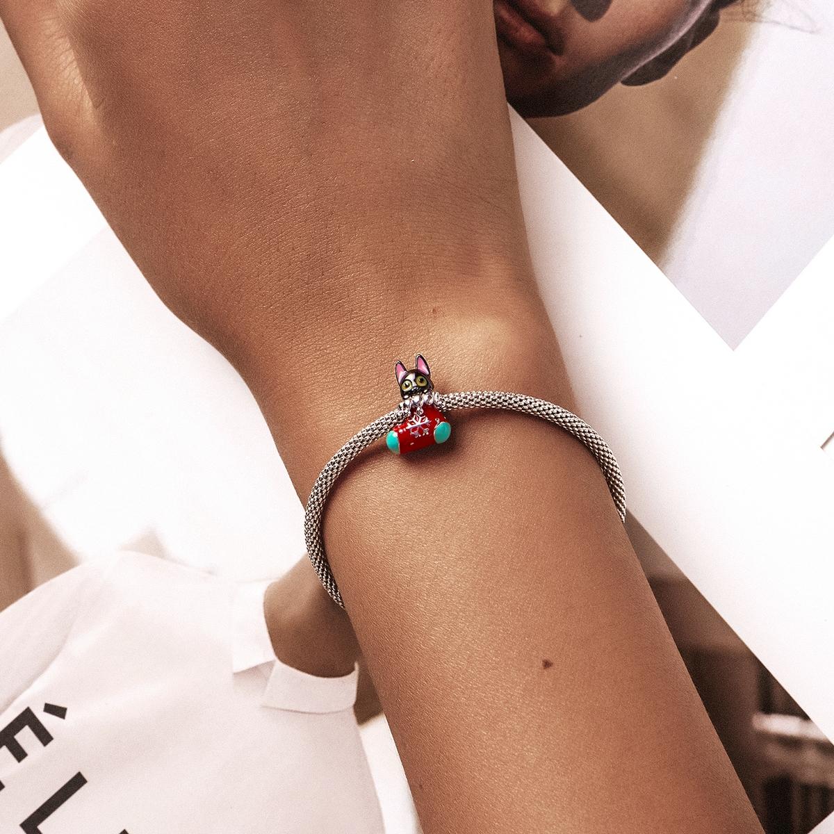 925 Sterling Silver Christmas Sock Cat Beads For Diy Bracelets & Necklaces