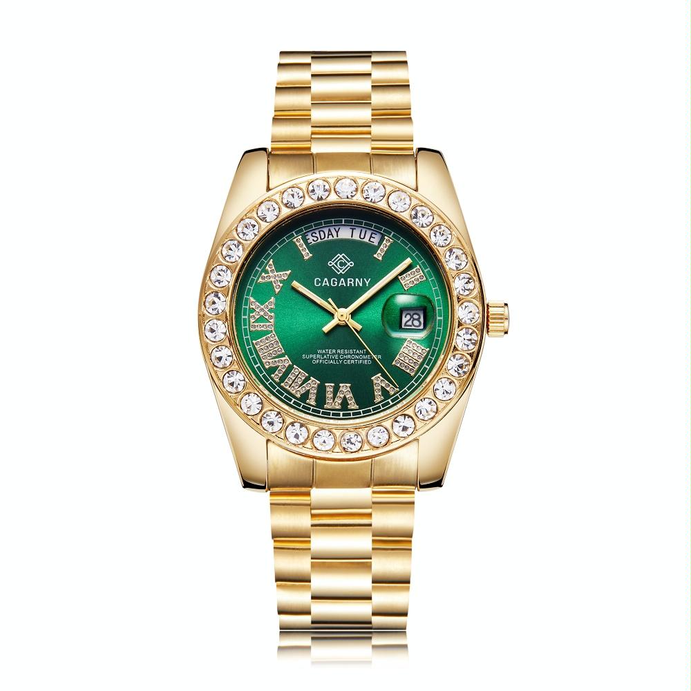 Men Quartz Watch with Diamond-encrusted Roman Numeral Dial - Gold Shell White Dial