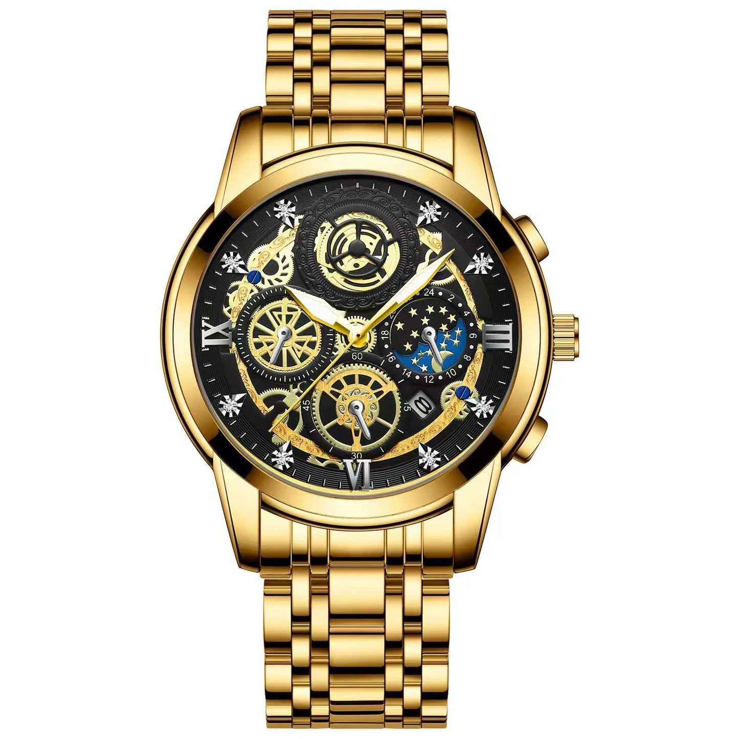 Waterproof Luminous Quartz Watch with Multifunctional Design - Inter-Gold Gold Surface