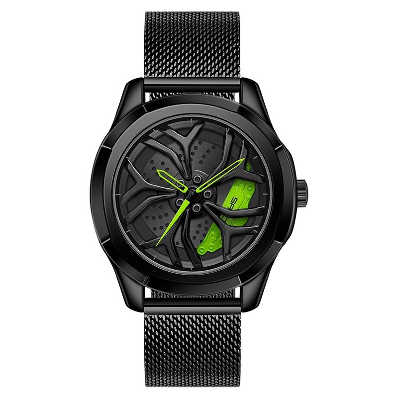 Men Mesh Belt Quartz Watch with 3d Hollow out Wheel - Silver Green