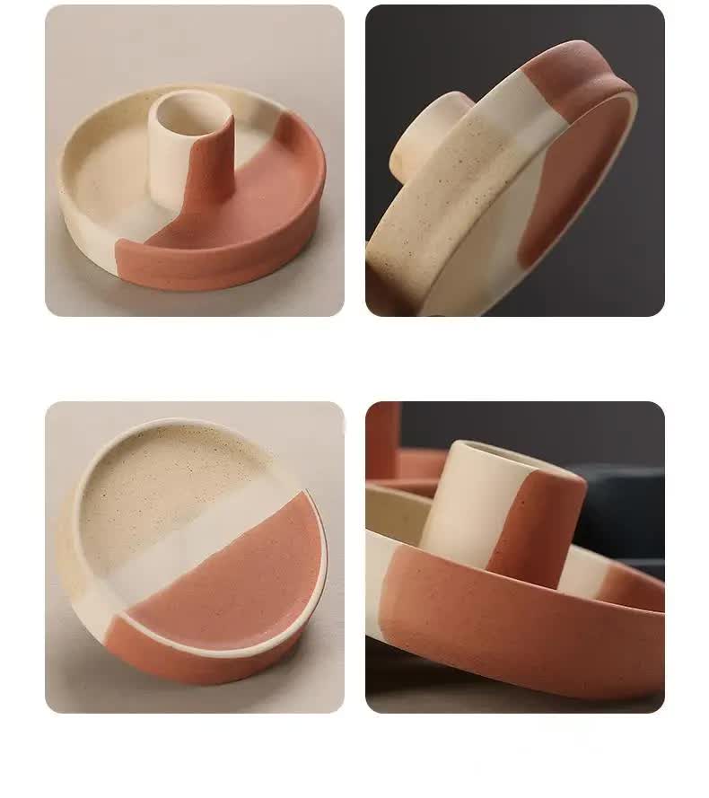 2 Pcs Blue, White And Orange Stitching Straight Bottom Nordic Ceramic Candle Holder with Jewelry Dish - Elegant Minimalist Home Decor Piece