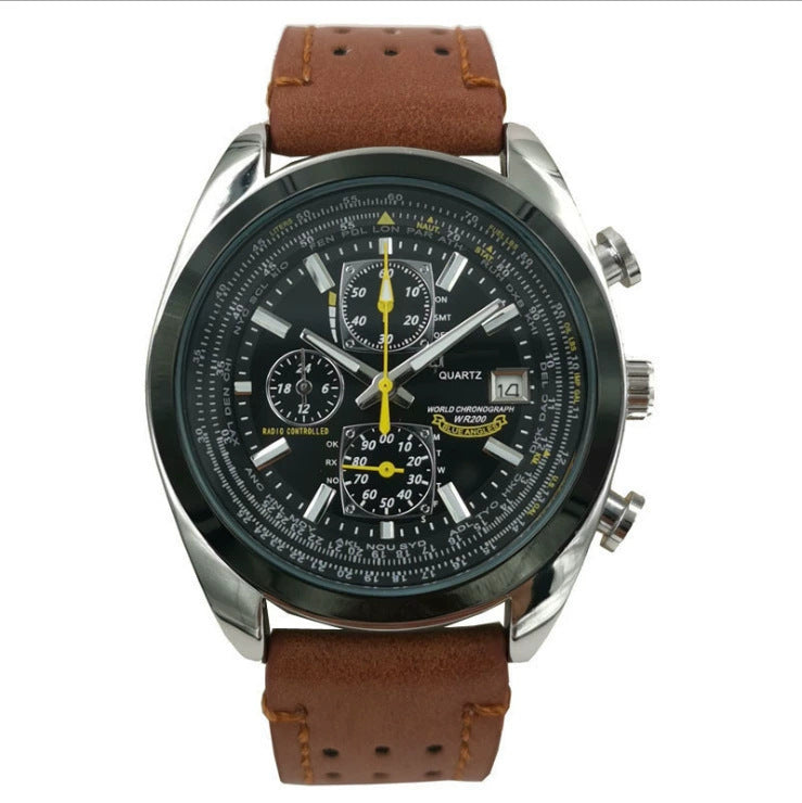 Brown leather black dial watch Elegant Men's Quartz Chronograph Watch with 42mm Case and Perpetual Calendar