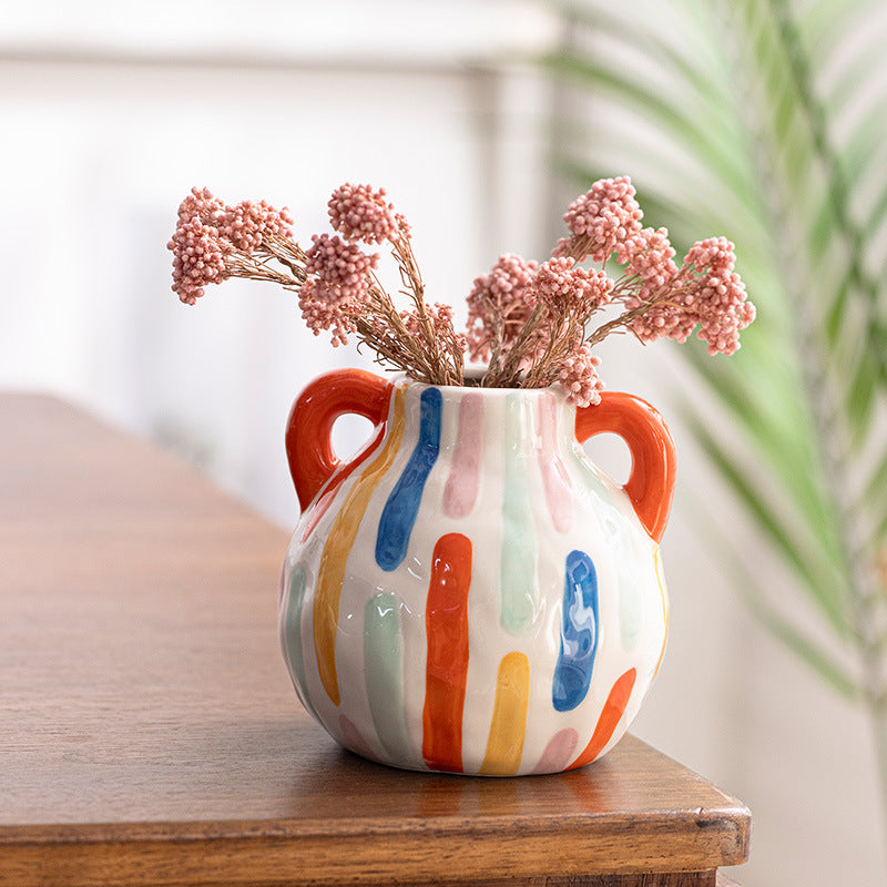 Colorful Artistic Hand-Painted Ceramic Vase - Dual Handle Pot Style - Colourful Striped Home Decor Accent