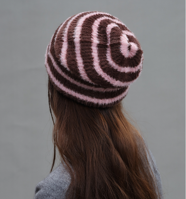 Trendy Dual-Tone Striped Beanie - Soft Plush Knit, Versatile Winter Cap (Pink and brown)
