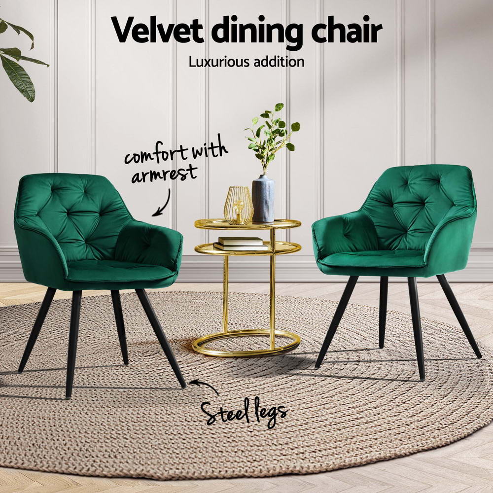 Artiss Dining Chairs Set of 4 Velvet Diamond Tufted Armchair Green