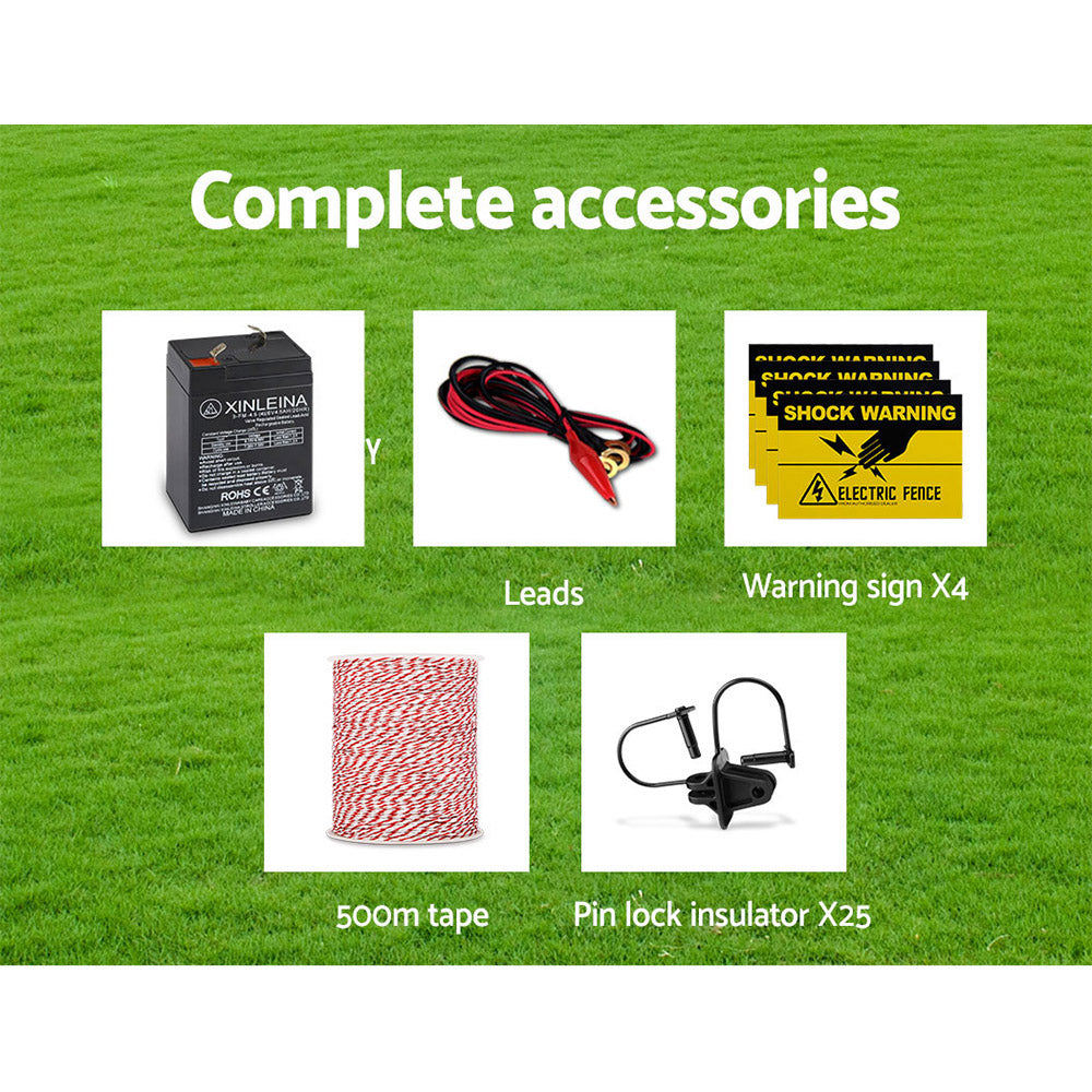 Giantz Fence Energiser 5KM Solar Powered Electric 500M Poly Wire Insulator