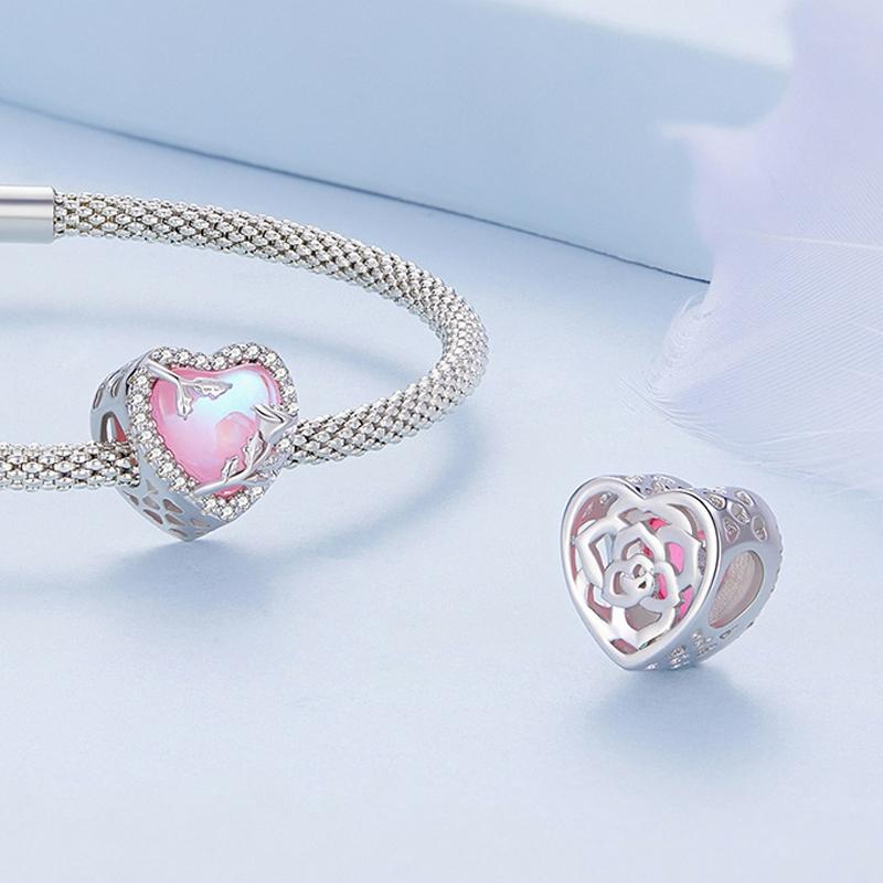 925 Sterling Silver Pink Glass Rose Bracelet Bead