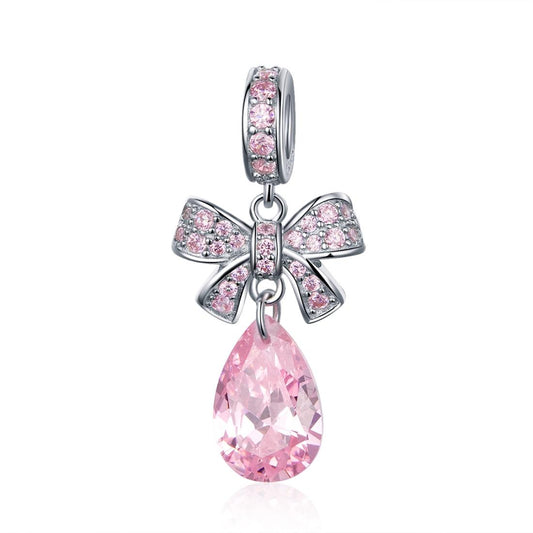 925 Sterling Silver Diy Pink Zircon Pendant With Bow