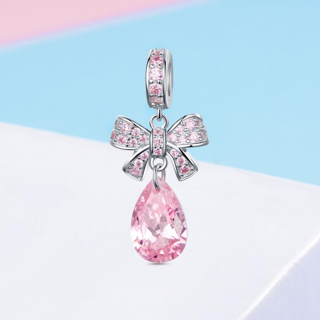 925 Sterling Silver Diy Pink Zircon Pendant With Bow