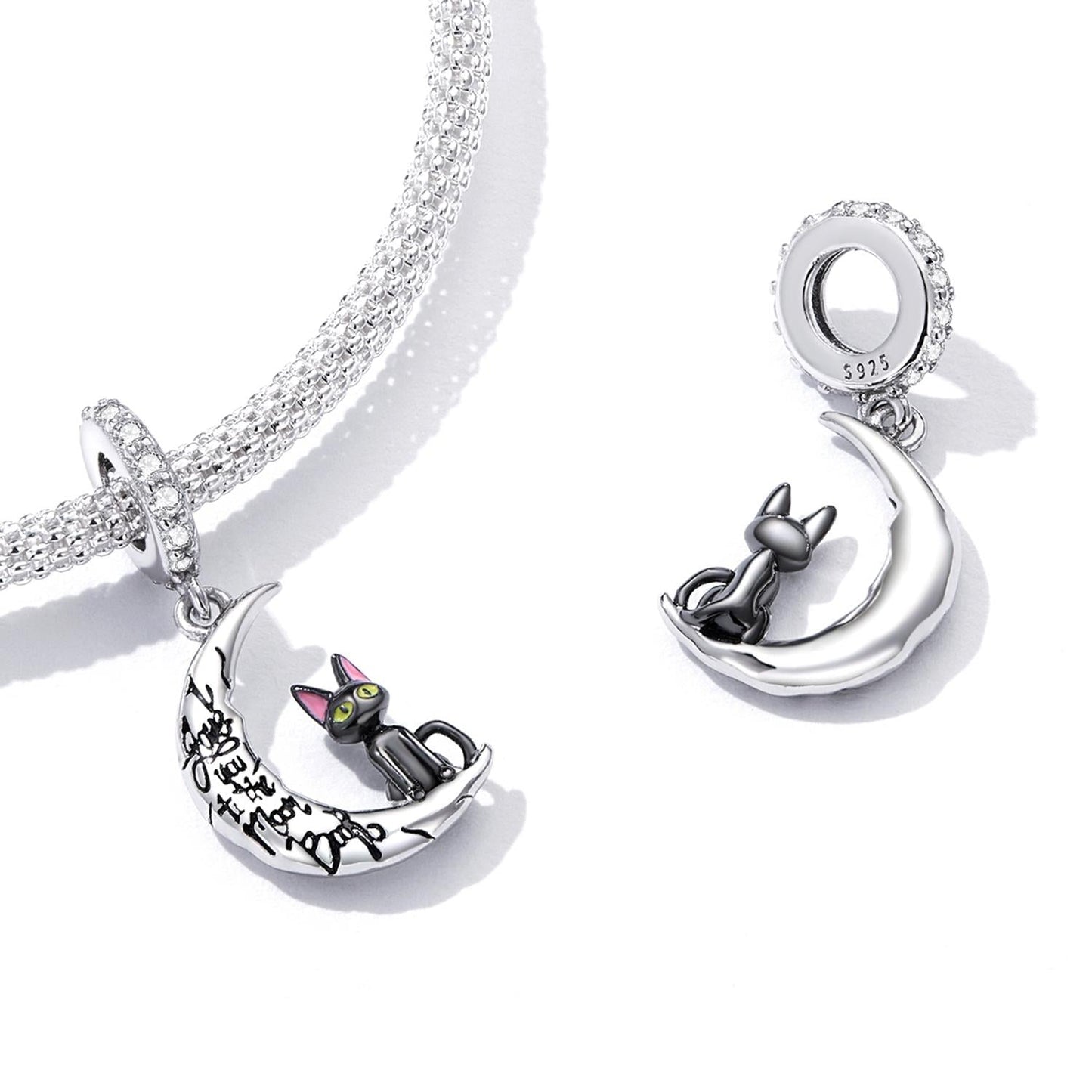 925 Sterling Silver Moon Cat Pendant For Bracelet Or Necklace