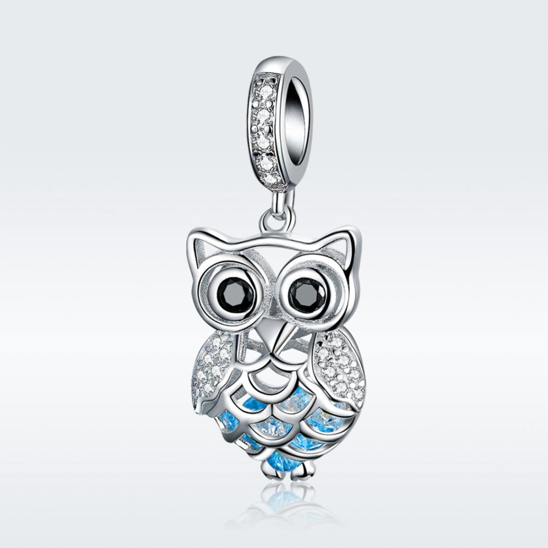 925 Sterling Silver Blue Zircon Owl Pendant For Diy Bracelets Movable Style - Pendant
