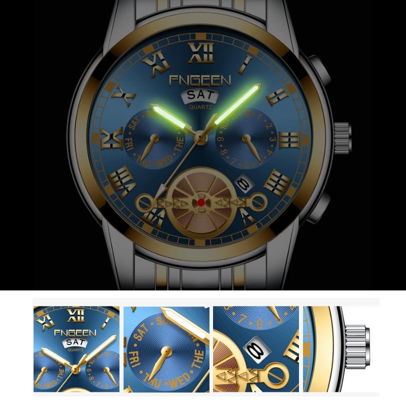 Gold Blue Multi-function Men Quartz Watch