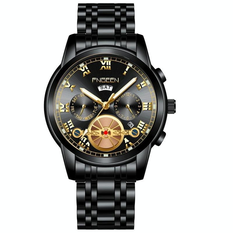 Men Multi-function Quartz Watch - Black Steel with Gold Accents