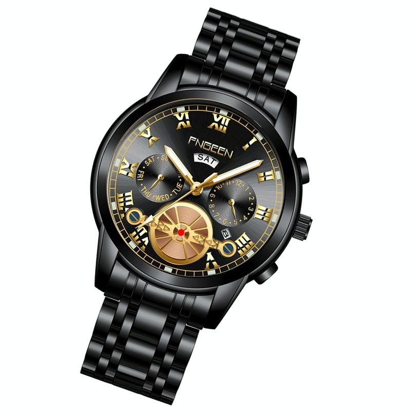 Men Multi-function Quartz Watch - Black Steel with Gold Accents