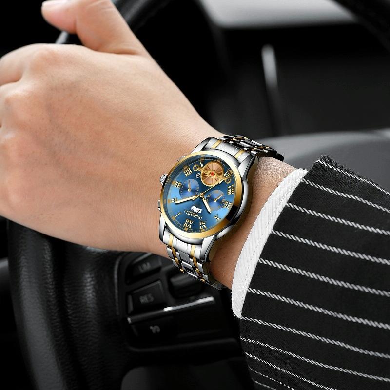 Men Multi-function Quartz Watch - Black Steel with Gold Accents