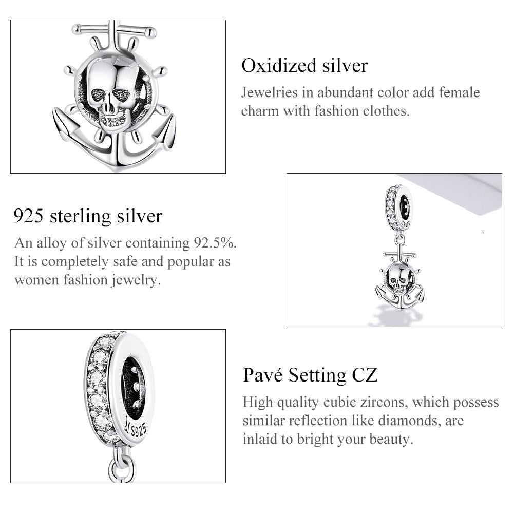 925 Sterling Silver Pirate Skull Pendant For Bracelet Or Necklace