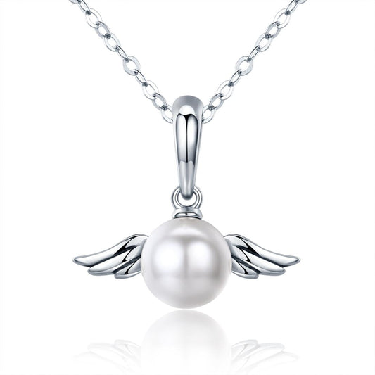 925 Sterling Silver Angel Wing Pendant With Shell Bead Charm For Diy Bracelets Style - Pendent + Necklace