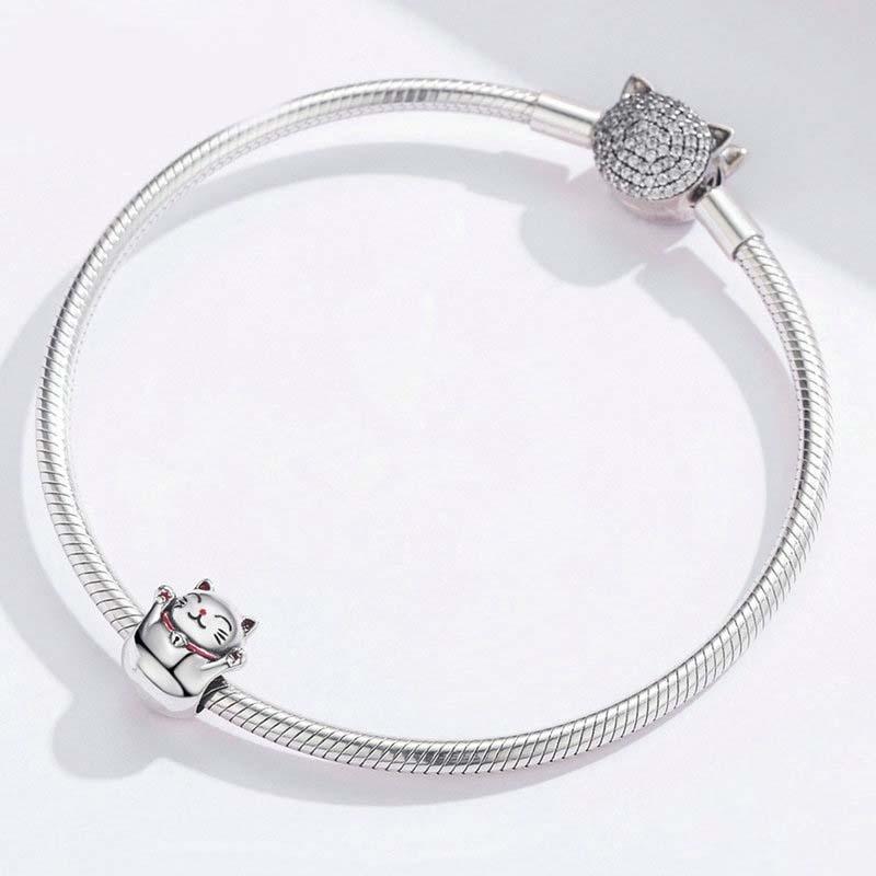 925 Sterling Silver Lucky Cat Beaded Bracelet Diy Accessory