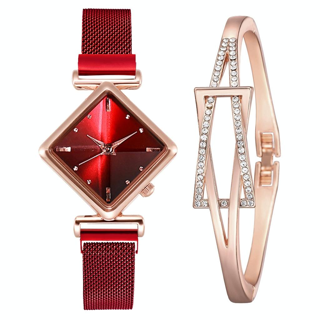 Red Diamond Dial Quartz Watch & Bracelet Set for Women
