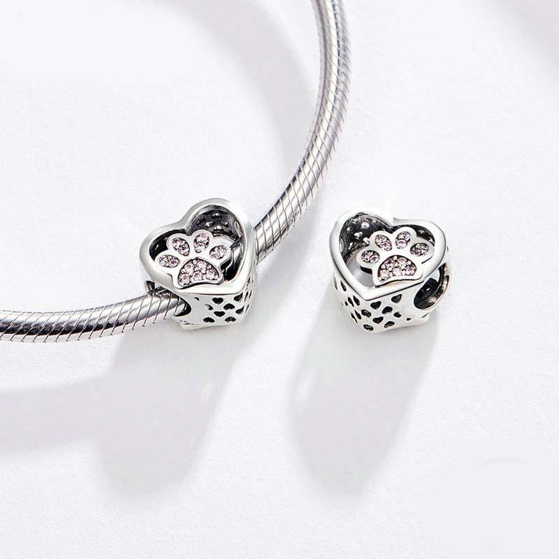 925 Sterling Silver Pet Paw Print Beaded Bracelet - Silver