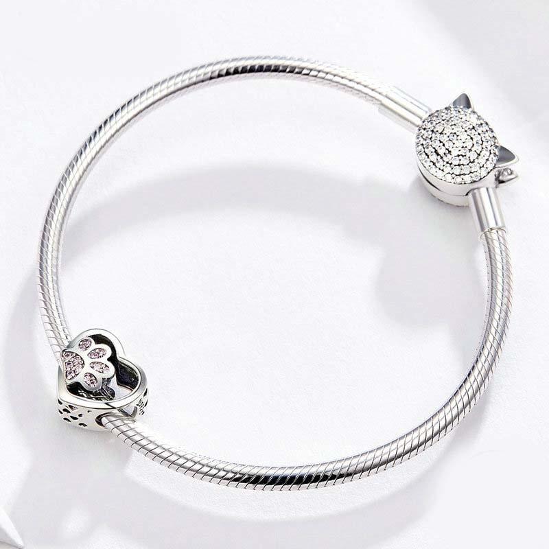 925 Sterling Silver Pet Paw Print Beaded Bracelet - Silver