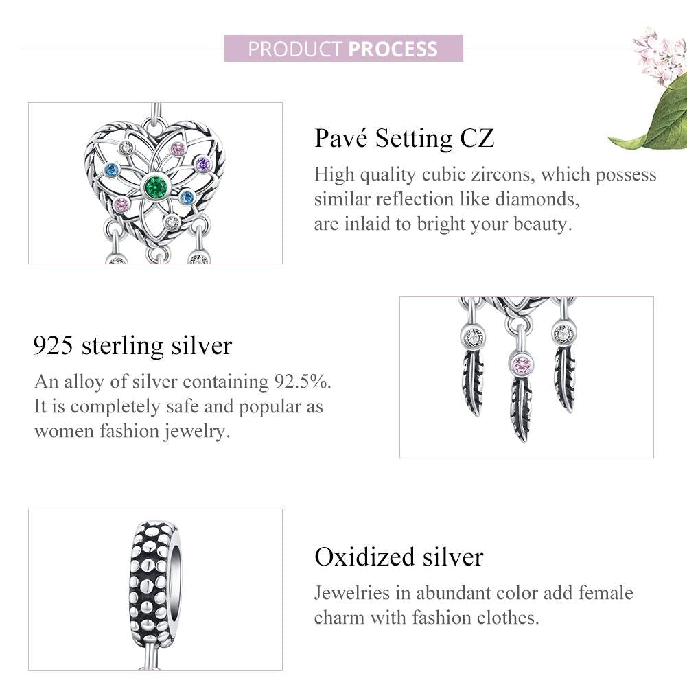 925 Sterling Silver Tassel Dream Catcher Bracelet Charm