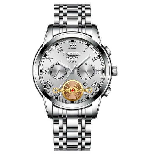 Men Multi-function Quartz Watch - White Steel with White Surface
