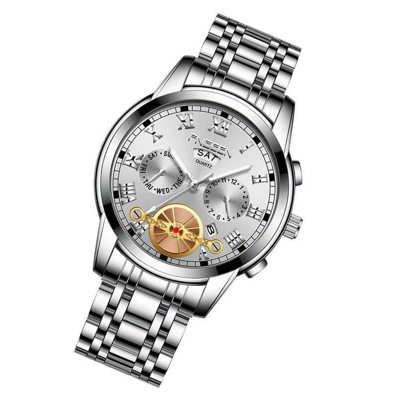 Men Multi-function Quartz Watch - White Steel with White Surface