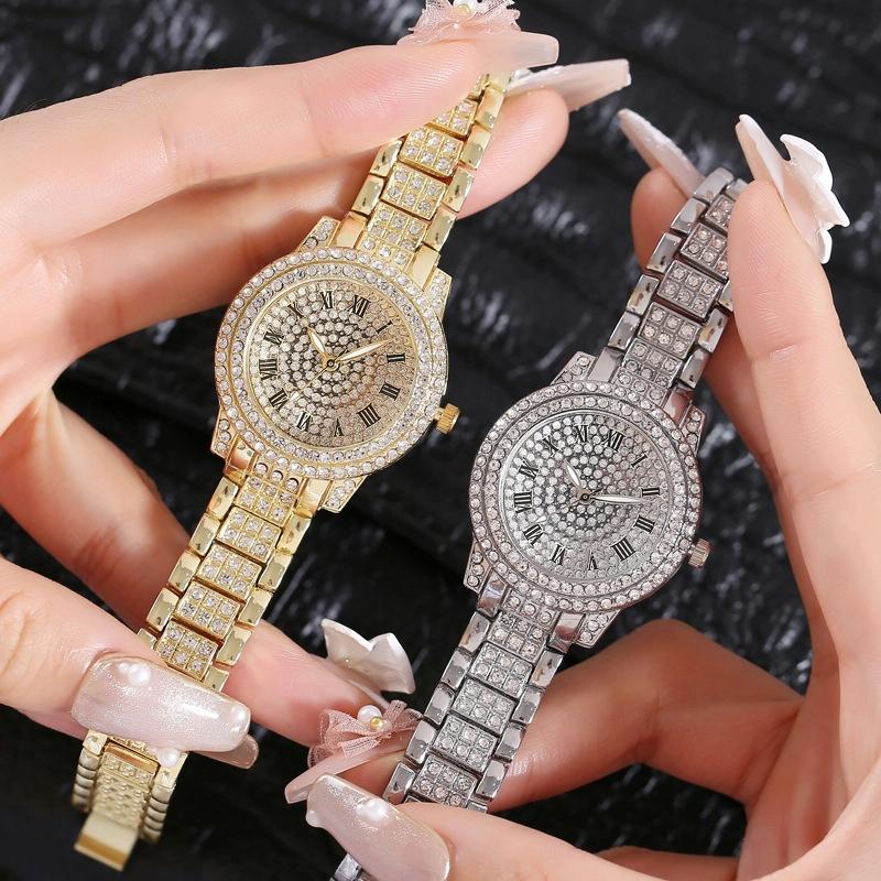 Gold Steel Strap Quartz Watch with Full Diamond Roman Numerals & Bracelet
