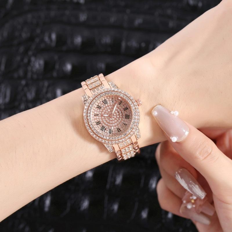 Gold Steel Strap Quartz Watch with Full Diamond Roman Numerals & Bracelet