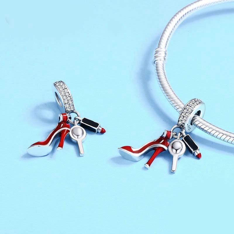 925 Sterling Silver Red Lipstick High Heels Makeup Mirror Charm