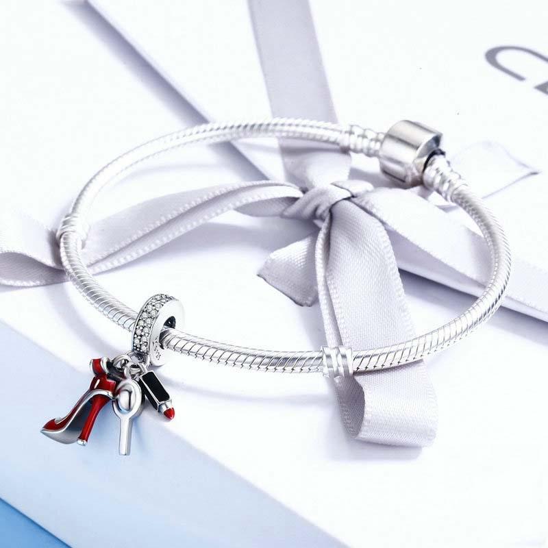 925 Sterling Silver Red Lipstick High Heels Makeup Mirror Charm
