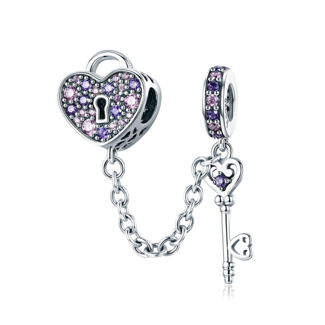 925 Sterling Silver Heart Key Safety Chain For Accessories