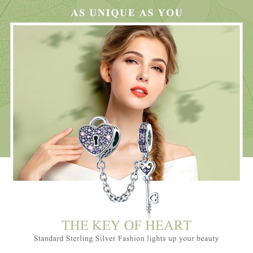 925 Sterling Silver Heart Key Safety Chain For Accessories