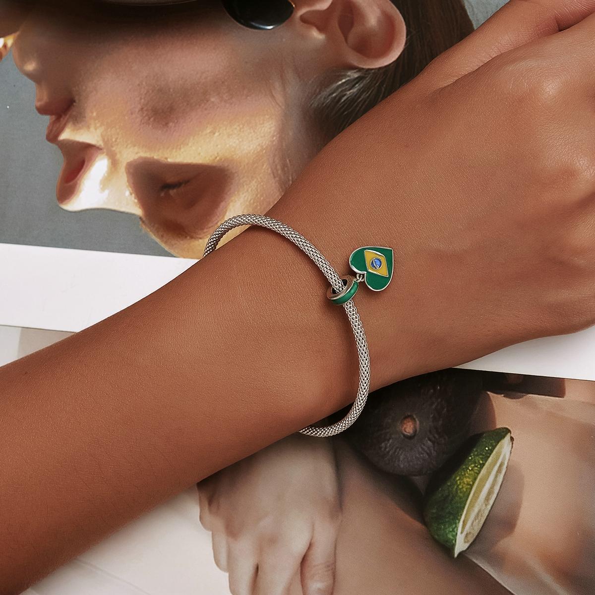 925 Sterling Silver Brazilian Flag Pendant Bracelet / Necklace Accessory