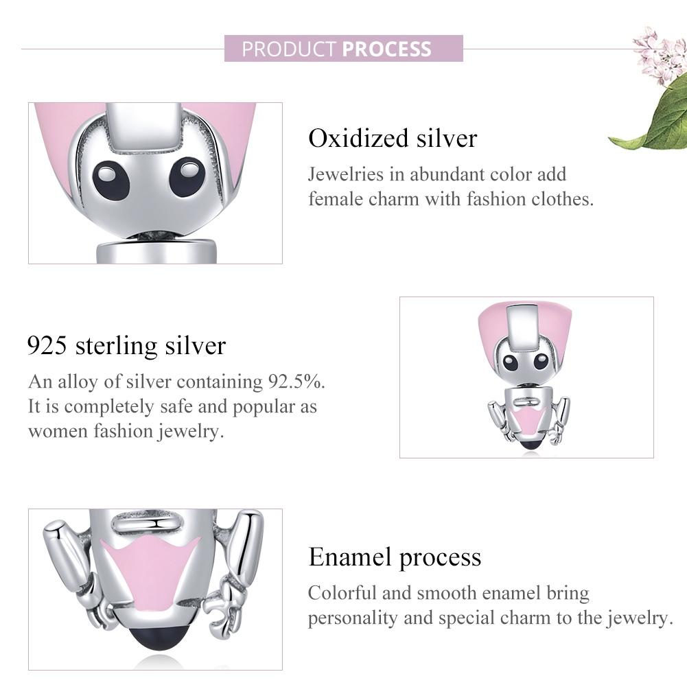 925 Sterling Silver Pink Robot Beads For Diy Bracelets & Necklaces