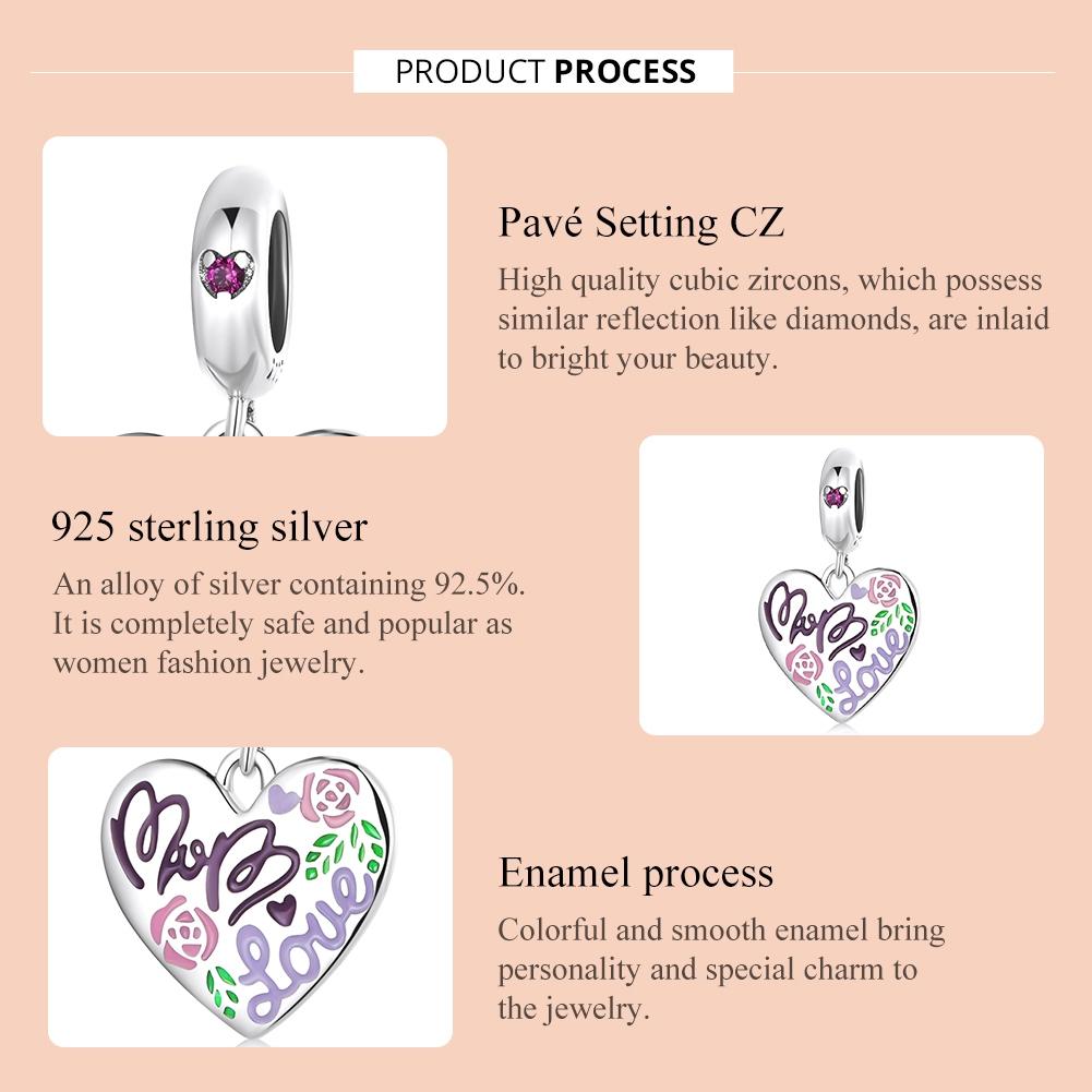 925 Sterling Silver Colorful Doodle Heart Pendant For Diy Bracelet Or Necklace