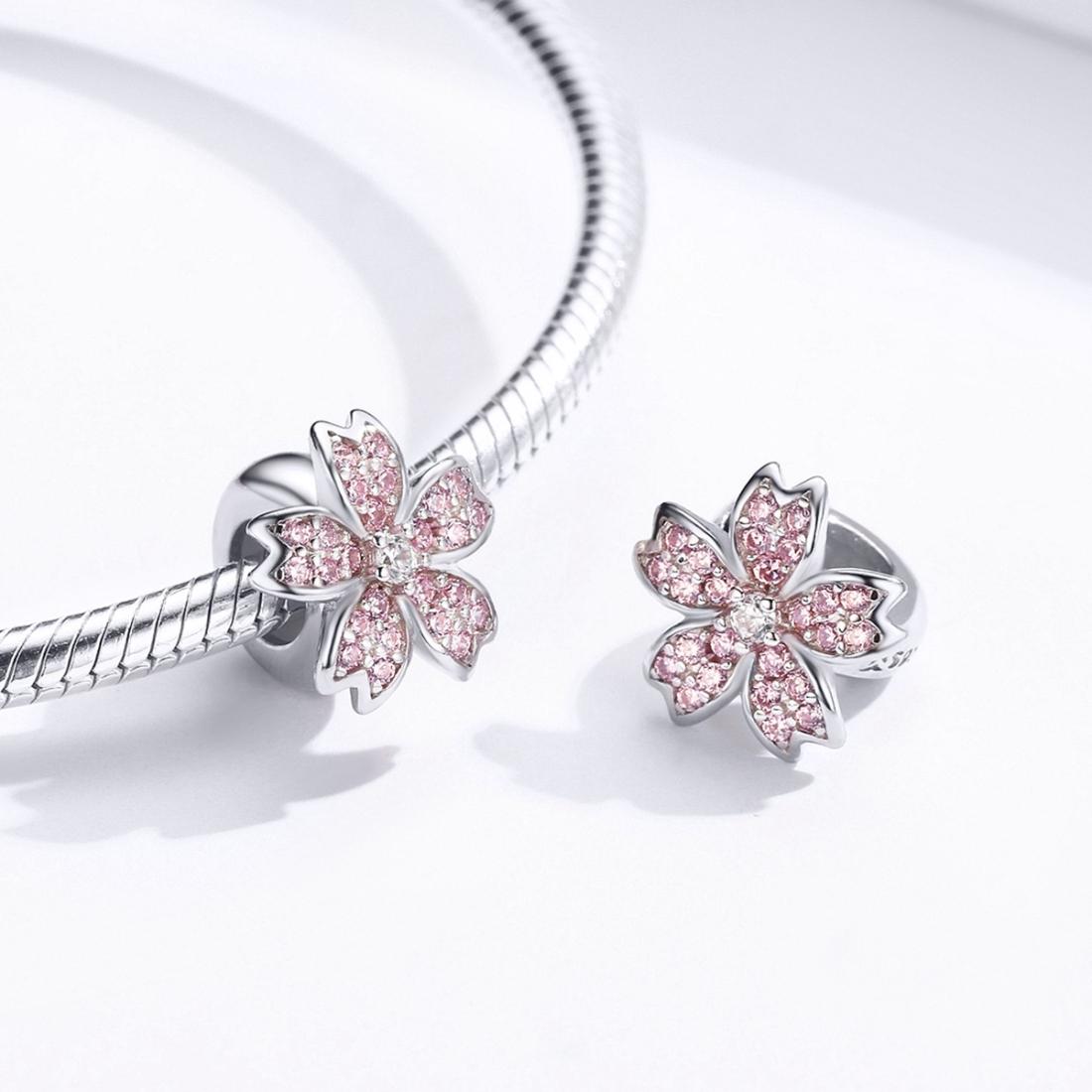 925 Sterling Silver Platinum Plated Pink Flower Beads For Diy Bracelets