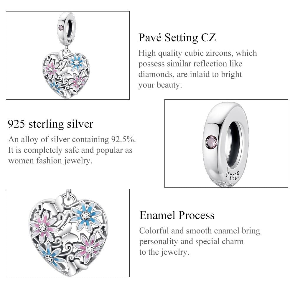 925 Sterling Silver Secret Garden Heart Pendant For Diy Bracelets & Necklaces