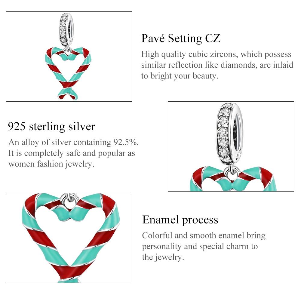 925 Sterling Silver Heart Candy Cane Pendant For Diy Bracelets & Necklaces