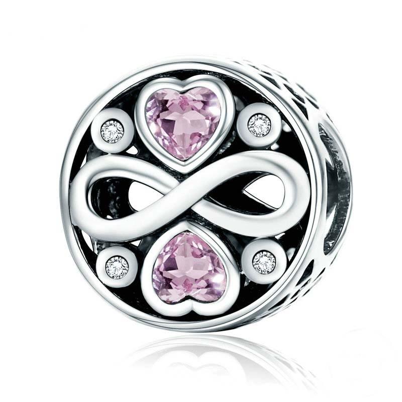 925 Sterling Silver Love Infinity Pink Heart Crystal Charm Bracelet