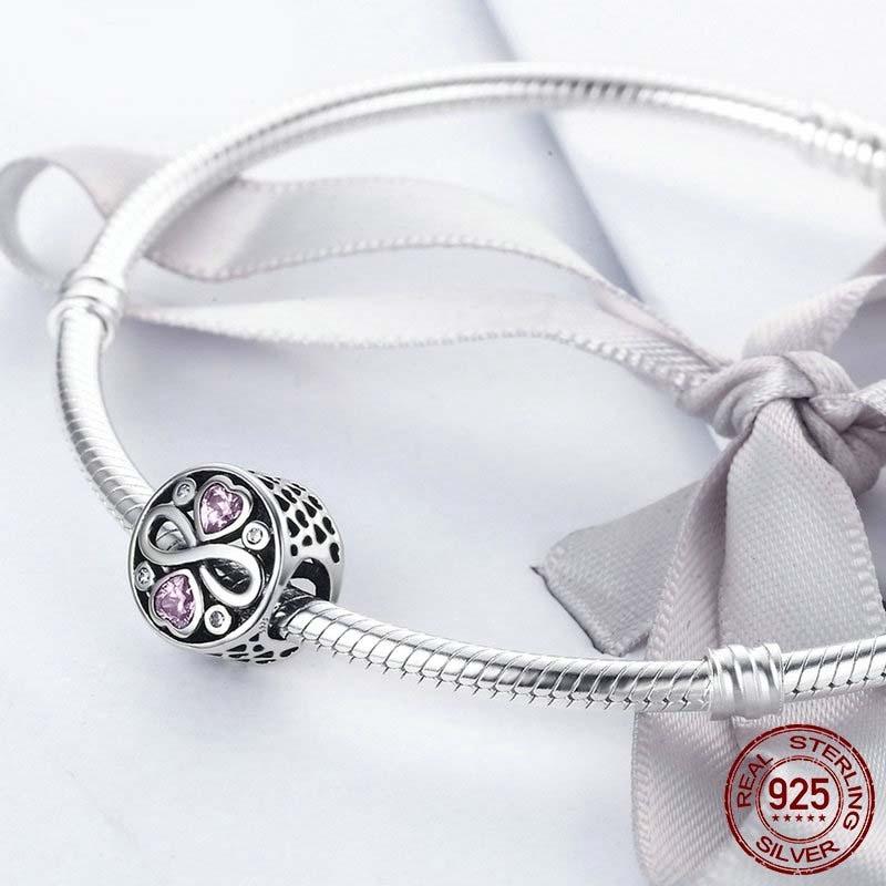 925 Sterling Silver Love Infinity Pink Heart Crystal Charm Bracelet