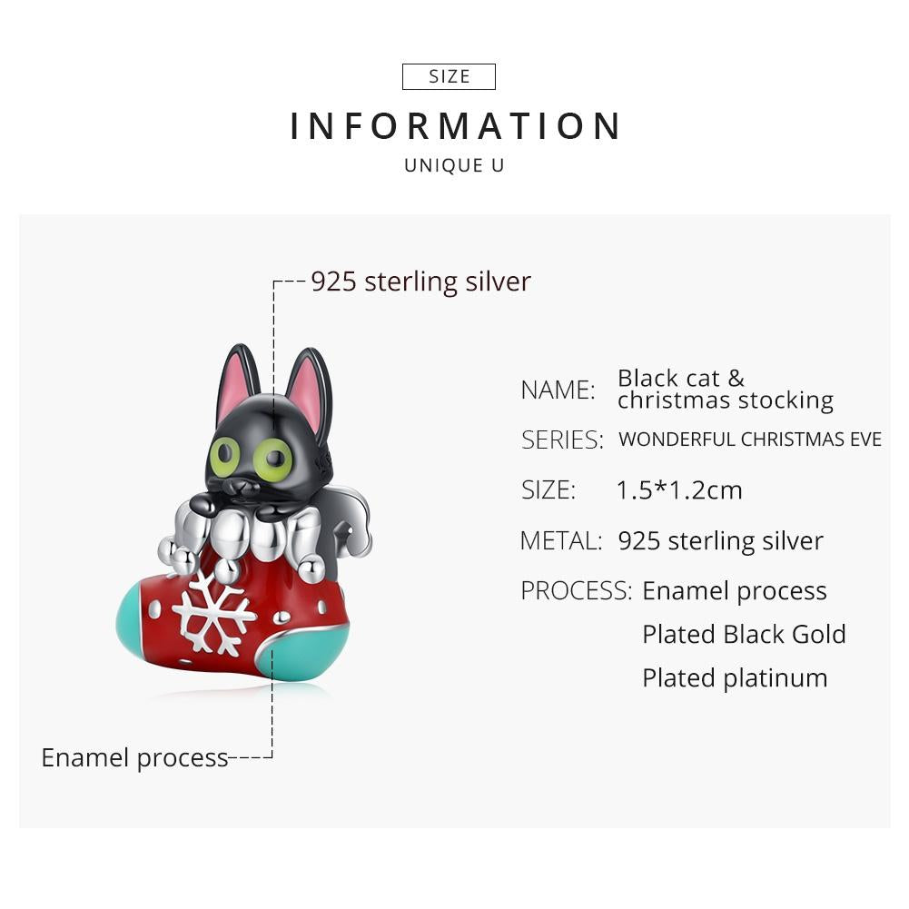 925 Sterling Silver Christmas Sock Cat Beads For Diy Bracelets & Necklaces