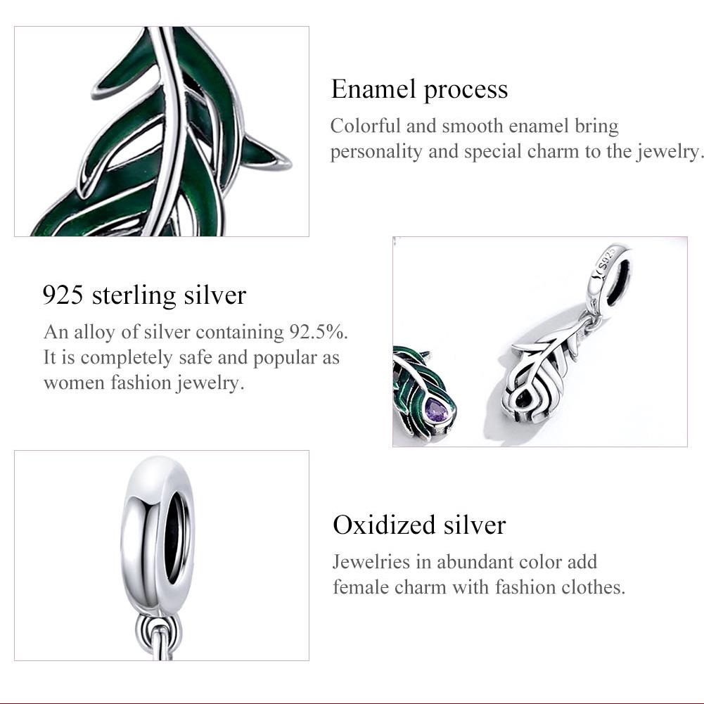 925 Sterling Silver Peacock Feather Pendant For Diy Bracelet Or Necklace