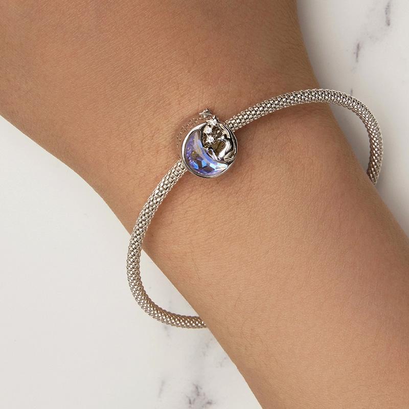 925 Sterling Silver Cat Moon Pendant For Diy Bracelets