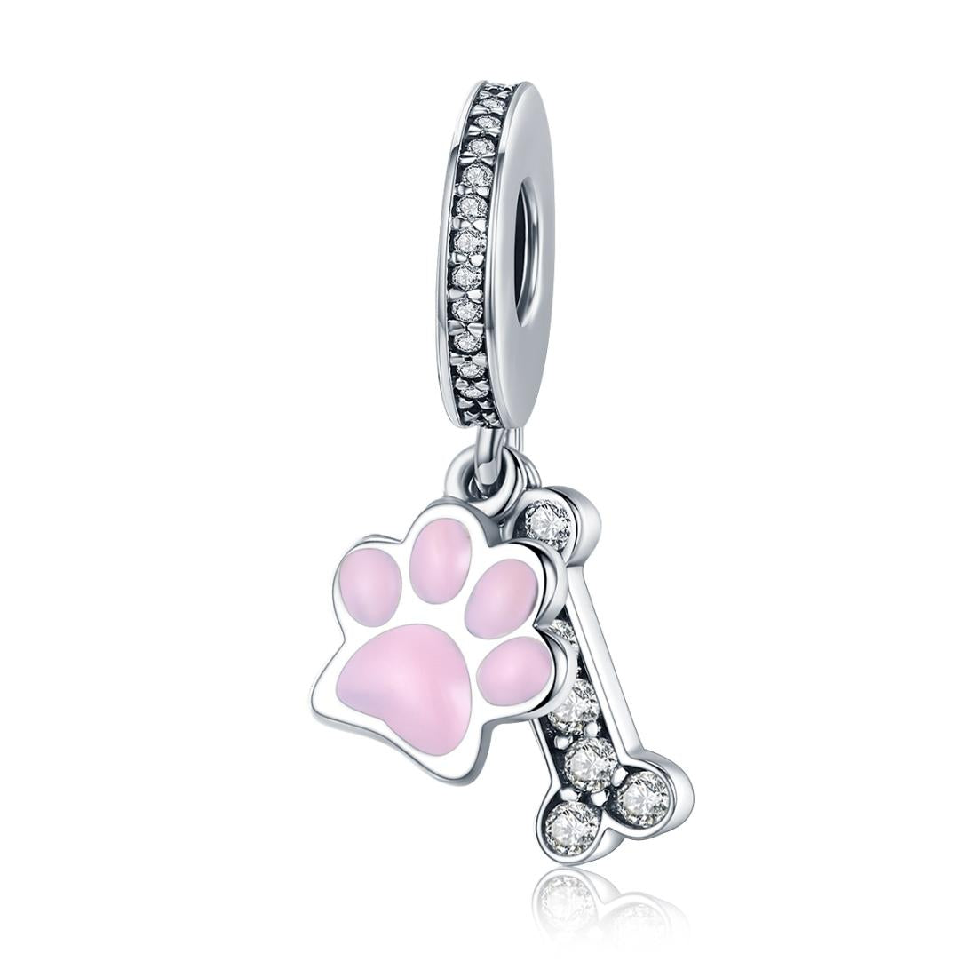 925 Sterling Silver Dog Footprint Diamond Bead Bracelet Charm