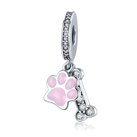 925 Sterling Silver Dog Footprint Diamond Bead Bracelet Charm